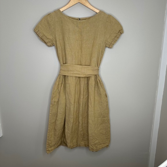 Simply‎ Grey Linen Dress Womens XS Tan Khaki Casual Midi Pockets Short Sleeve
